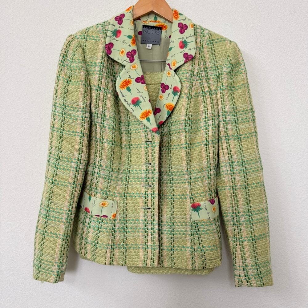 Dewilde‎ Koos New York Tweed Skirt Suit Floral Lined Blazer Green Size 10